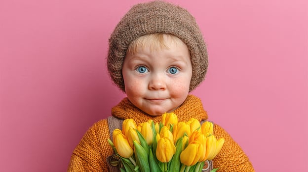 Child holding yellow tulips with a cute expression against a pink background during spring photo