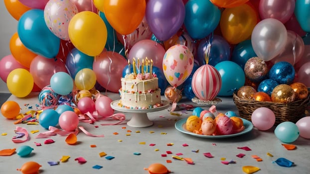 Colorful birthday celebration with balloons, cake, and decorations in a festive setting photo