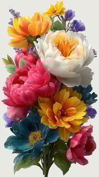 Brightly colored bouquet of various flowers including peonies, dahlias, and poppies against a light background photo