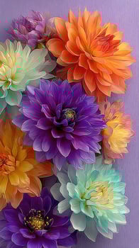 Colorful display of various flowers creating a vibrant wall decoration in bright shades of purple, orange, and blue photo