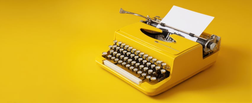 The vibrant yellow typewriter ready for creative writing on a blank page. photo