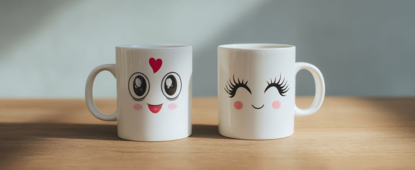The cheerful mugs with cute faces perfect for morning beverages and gifts. photo