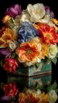 Colorful floral arrangement with vibrant blossoms in a rustic wooden box against a dark background photo