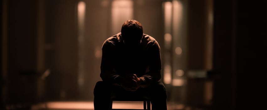 The man in silhouette contemplating his thoughts in a dimly lit space. photo