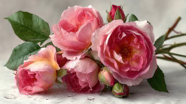 Beautiful pink roses with droplets arranged on a soft surface showcasing elegance and freshness in a delicate setting photo