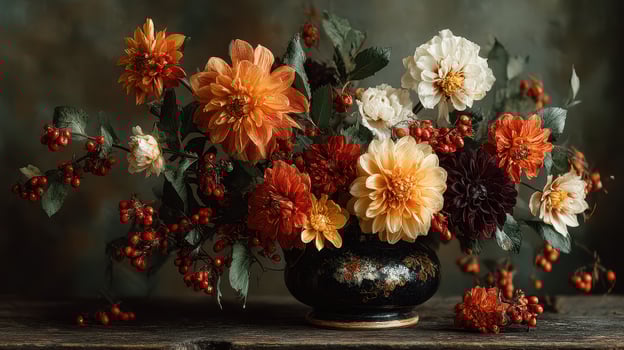 Vibrant autumn bouquet with diverse flowers and berries arranged in an elegant black vase photo