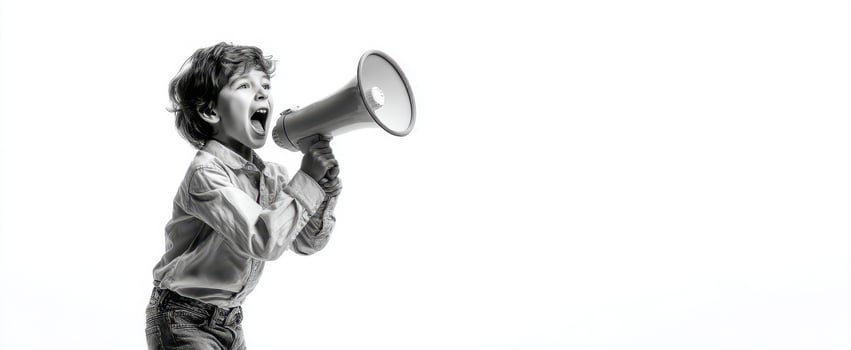 The boy passionately shouting into a megaphone in a studio environment. photo