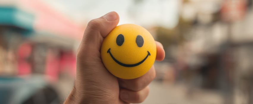 The cheerful yellow smiley face stress ball in a joyful hand. photo