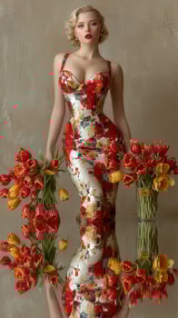 Elegant woman in a floral dress holding tulips in a studio with a reflective surface photo