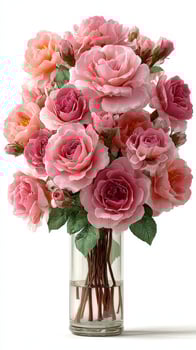 Beautiful colorful rose bouquet in a glass vase showcasing vibrant pink and soft coral blooms photo