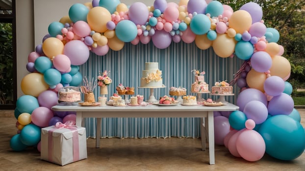 Colorful dessert table decorated with balloons for a special celebration at a garden setting during daytime photo