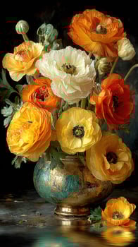 Vibrant floral arrangement featuring orange and yellow ranunculus in an ornate vase photo