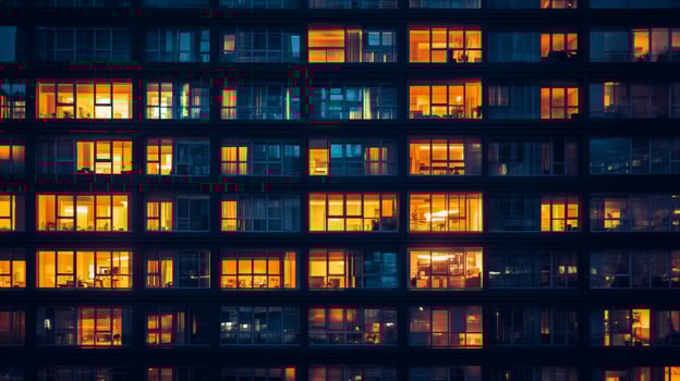Urban skyline at night with illuminated windows showcasing activity in high-rise apartments photo
