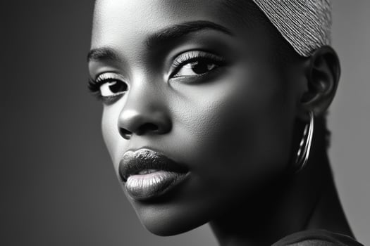 Stunning portrait of a woman with bold earrings and head wrap in elegant black and white setting during a photoshoot photo
