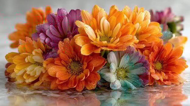 Vibrant flowers in a colorful arrangement with droplets reflecting light in a serene indoor setting photo