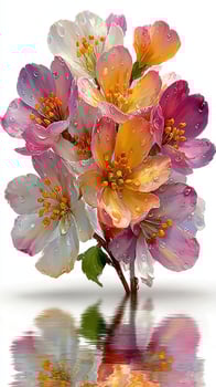 Beautiful blooming flowers with raindrops reflecting in serene water photo