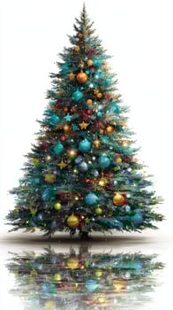 Decorated Christmas tree with teal and gold ornaments glowing softly in a cheerful holiday atmosphere photo