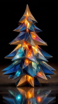 Colorful origami Christmas tree with lights shining in the dark during the holiday season photo