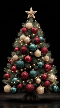 Beautifully decorated Christmas tree with ornaments and lights glowing in a dark setting photo