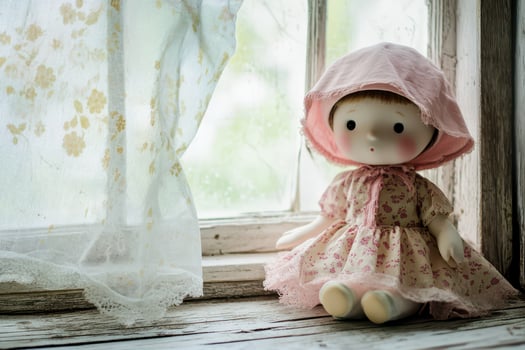 Doll in a pretty dress relaxing by the window photo