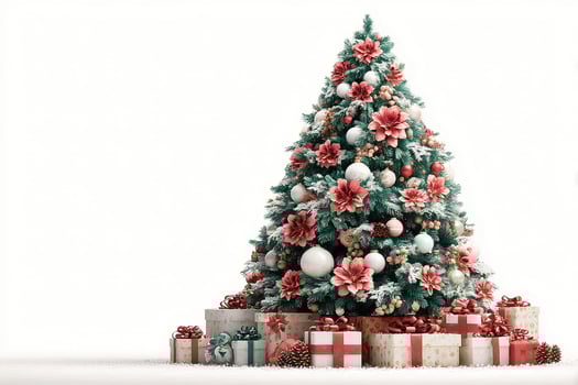 Festive Christmas tree decorated with ornaments and surrounded by beautifully wrapped gifts in a cozy setting photo