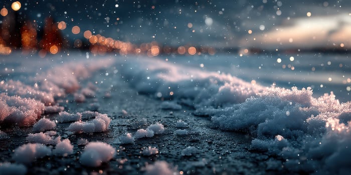 Winter snowflakes fall on a tranquil pathway illuminated by distant lights in a peaceful evening setting photo