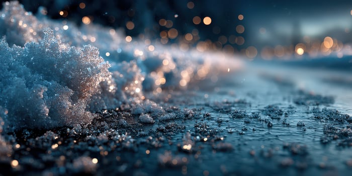 Winter evening streets covered in fresh snow and melting ice creating a shimmering effect in the light photo