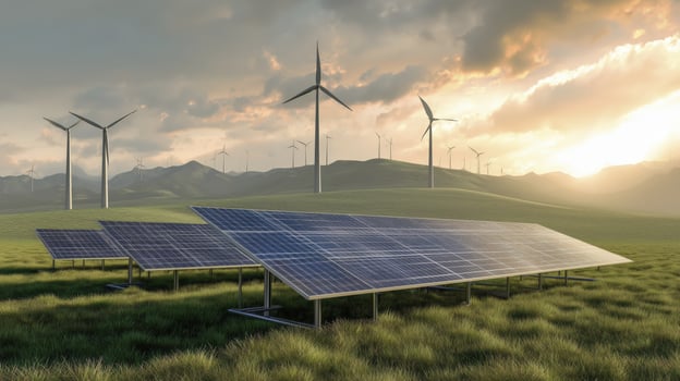 Solar panel and wind turbine create sense of clean energy, bringing hope for sustainable future as they stand against backdrop of vast landscape photo
