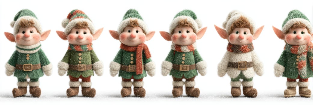 Cute holiday elves in festive outfits celebrating winter cheer at the North Pole with unique personalities and accessories photo
