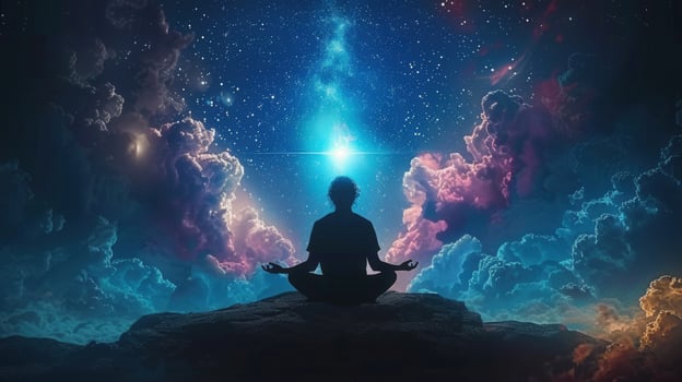 A silhouette of a person meditating, embraced by a starry sky and colorful clouds. photo