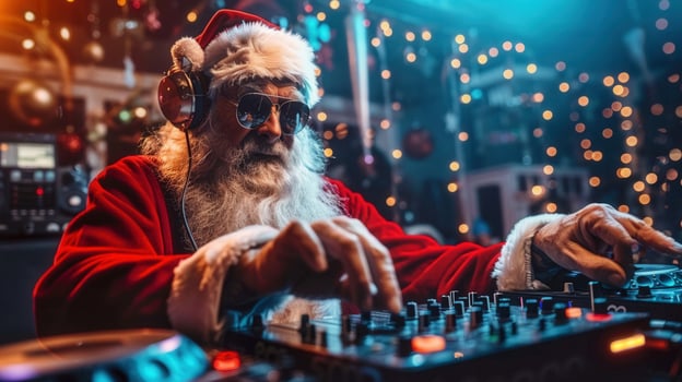 Santa Claus, wearing sunglasses, DJs at a holiday party mixing music for Christmas. photo