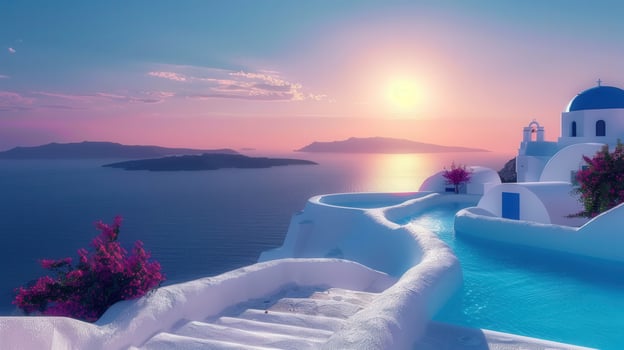 Beautiful sunset over the iconic Greek island of Santorini, with white buildings and the Aegean sea. photo