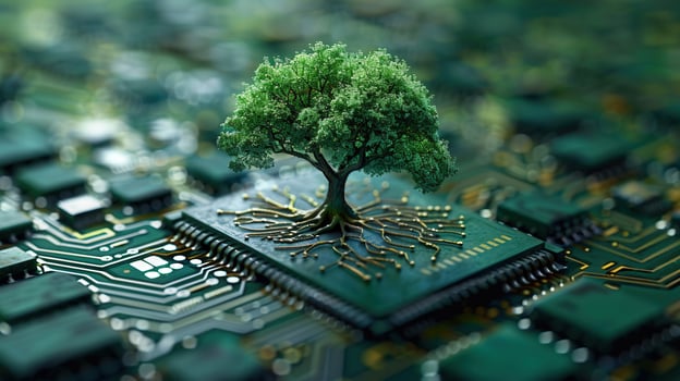 A vibrant green tree grows from a circuit board, symbolizing technological growth. photo