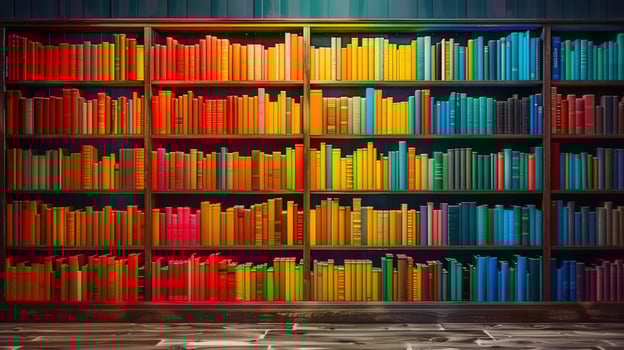A grand bookshelf showcases a colorful and diverse assortment of books, ideal for educational contexts. photo