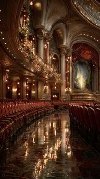 Elegant interior of an ornate theater adorned with festive decorations in the heart of a bustling city photo