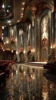 Extravagant interior of a grand theater adorned with festive decorations and gleaming reflections at night photo