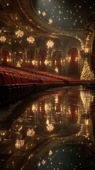 Elegant theater interior with red seating and festive decorations during the holiday season photo