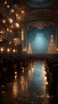 Elegant theater interior decorated for a festive celebration with Christmas trees and soft lighting creating a magical atmosphere photo