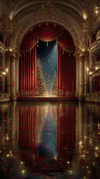 Majestic theater stage with festive decorations and shimmering reflections during Christmas season photo