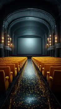 Elegantly designed vintage cinema with orange seats and a blank screen ready for the next show at night photo