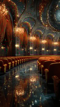 Grand hall features elegant seating, ornate chandeliers, and a reflective floor, creating a luxurious atmosphere for performances photo
