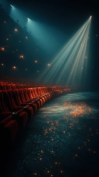 Empty theater seats illuminated by beams of light during a quiet moment in a performing arts venue photo