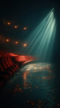 Empty theater with red seats illuminated by beams of light and reflections on the floor during the evening photo