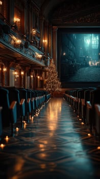 Holiday decorations illuminate a historic theater with a Christmas tree and dim lighting during a film screening photo