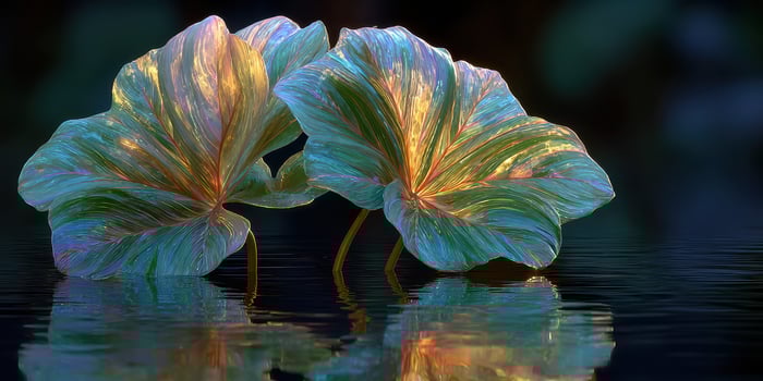Vibrant tropical leaves reflecting in serene water at dusk near a quiet pond photo
