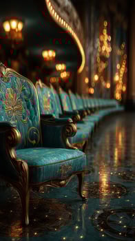 Luxurious vintage chairs in an elegant theater illuminated by ambient lighting photo