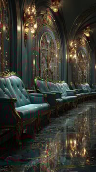Luxurious blue seating arrangement in an ornate room with intricate gold accents and reflective surfaces at night photo