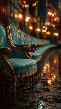 Elegant vintage chairs lined up in a dimly lit venue with ornate decorations and soft lighting creating a serene atmosphere photo