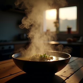 Steaming Bowl of Soup on Wooden Table Warm Kitchen Scene photo