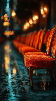 Elegant red chairs lined up in a reflective corridor illuminated by warm, glowing lights during evening hours photo